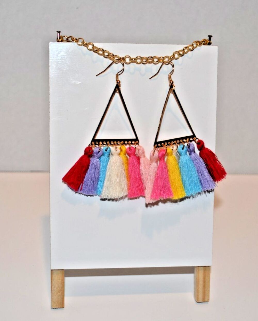 Triangle Gold-tone Hoop Boho Gypsy earrings with Rainbow Fringe Tassels
